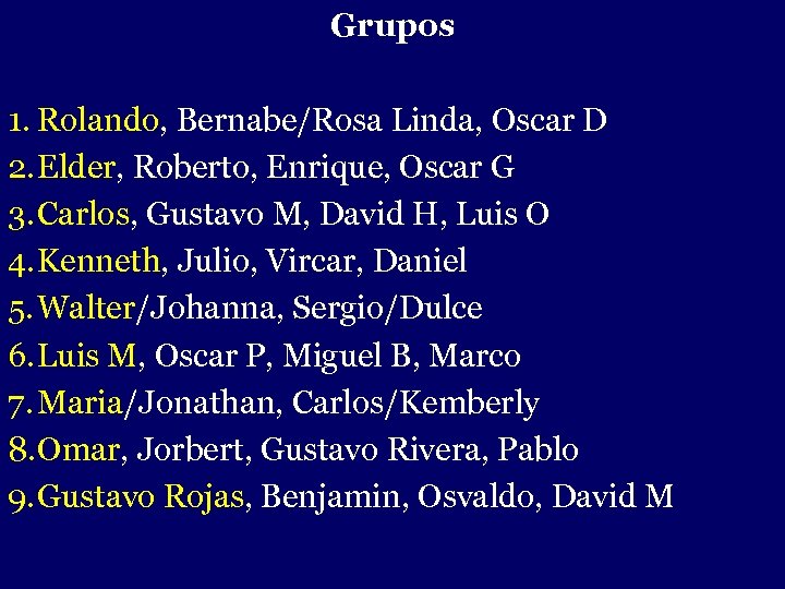Grupos - 1. Rolando, Bernabe/Rosa Linda, Oscar D 2. Elder, Roberto, Enrique, Oscar G