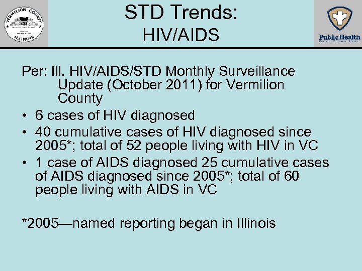 STD Trends: HIV/AIDS Per: Ill. HIV/AIDS/STD Monthly Surveillance Update (October 2011) for Vermilion County