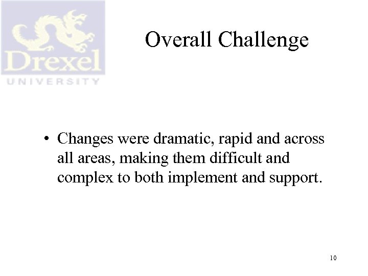Overall Challenge • Changes were dramatic, rapid and across all areas, making them difficult