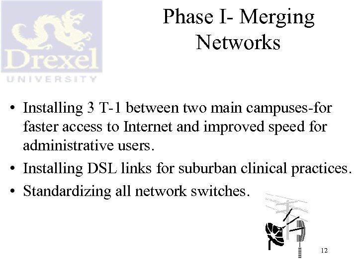 Phase I- Merging Networks • Installing 3 T-1 between two main campuses-for faster access