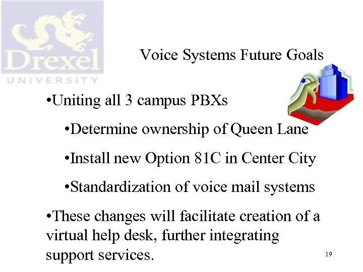 Voice Systems Future Goals • Uniting all 3 campus PBXs • Determine ownership of