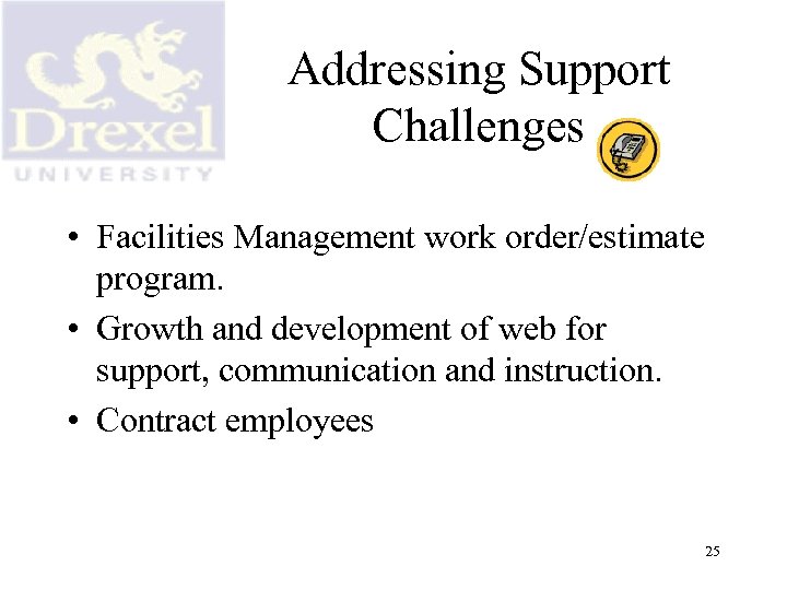 Addressing Support Challenges • Facilities Management work order/estimate program. • Growth and development of