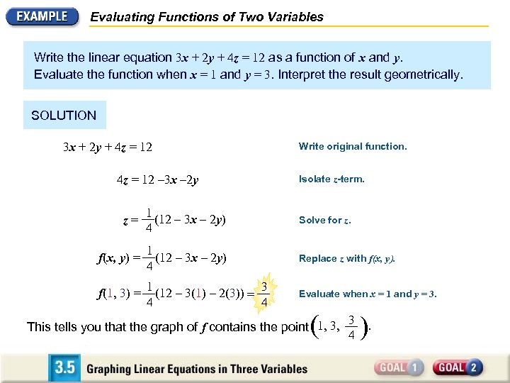 Evaluating Functions of Two Variables Write the linear equation 3 x + 2 y