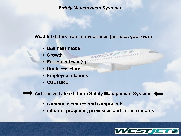 Safety Management Systems West. Jet differs from many airlines (perhaps your own) • •
