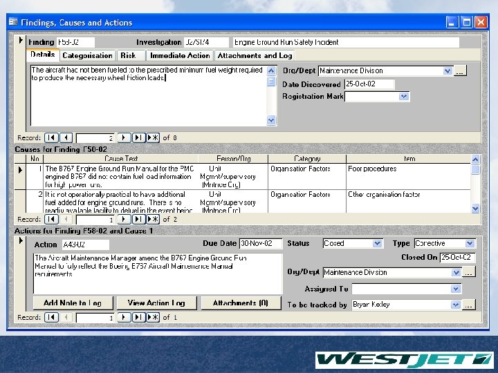 Safety Management Systems Database Findings / Causes / Actions Page 