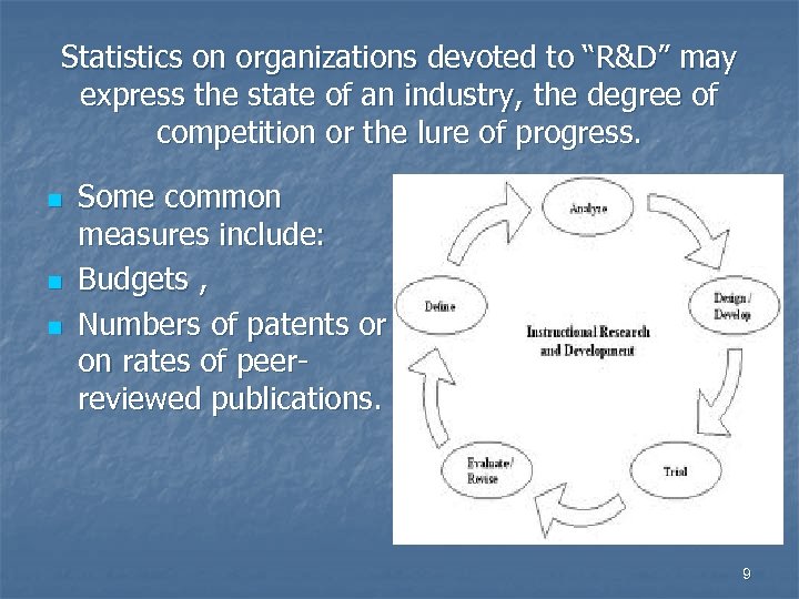 Statistics on organizations devoted to “R&D” may express the state of an industry, the