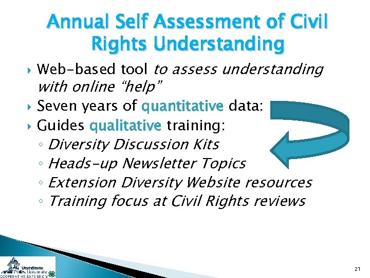 Annual Self Assessment of Civil Rights Understanding Web-based tool to assess understanding with online