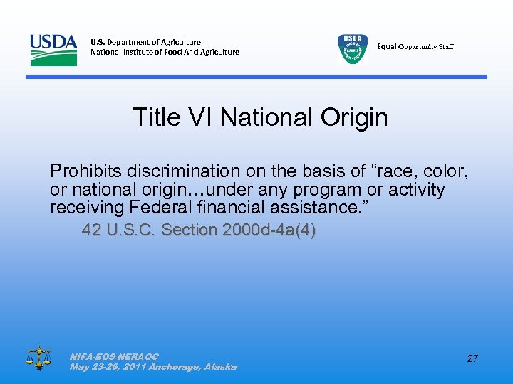 U. S. Department of Agriculture National Institute of Food And Agriculture Equal Opportunity Staff