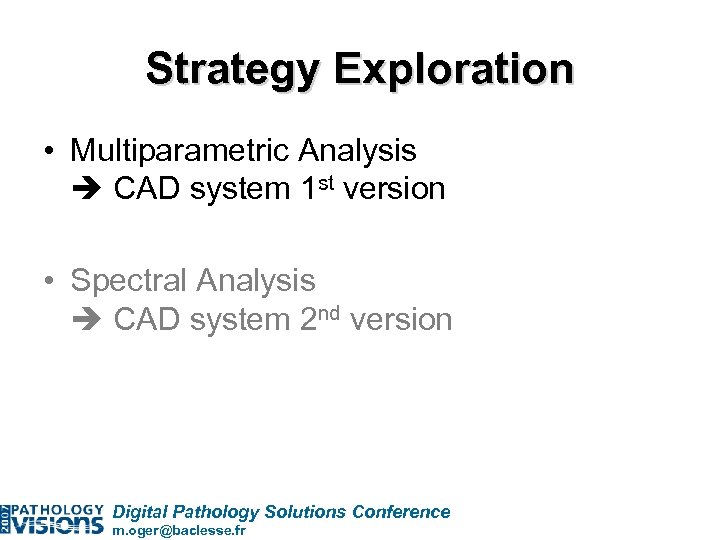Strategy Exploration • Multiparametric Analysis CAD system 1 st version • Spectral Analysis CAD