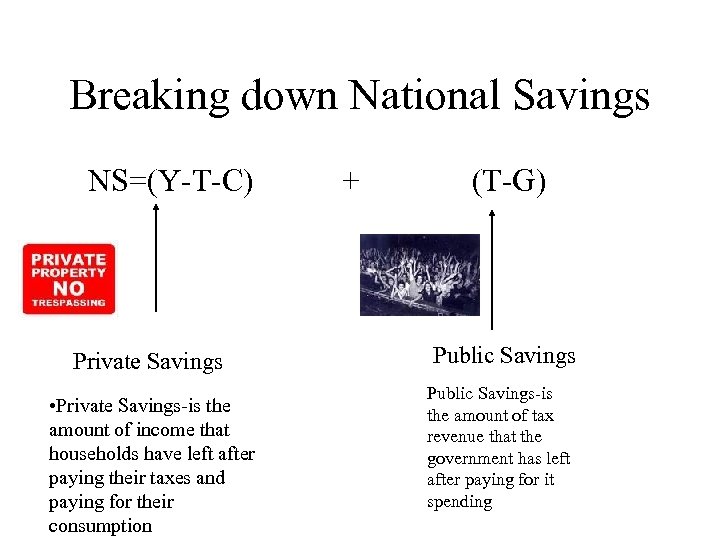 Breaking down National Savings NS=(Y-T-C) Private Savings • Private Savings-is the amount of income