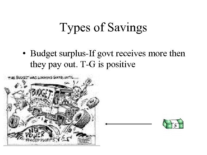 Types of Savings • Budget surplus-If govt receives more then they pay out. T-G