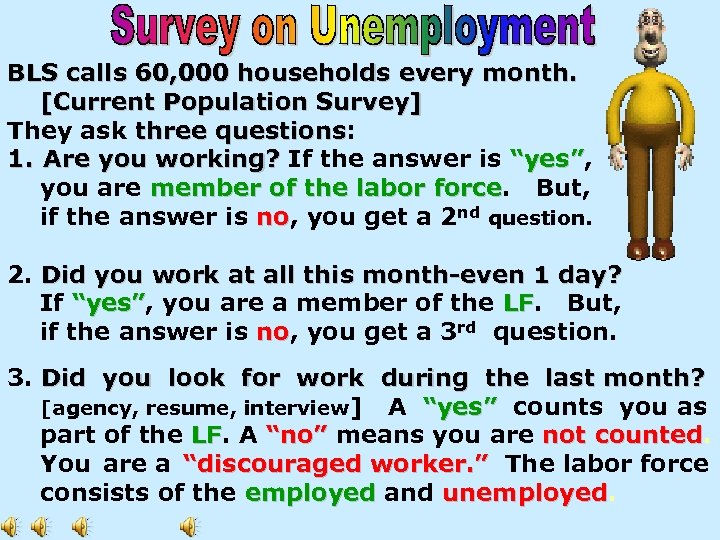 BLS calls 60, 000 households every month. [Current Population Survey] They ask three questions: