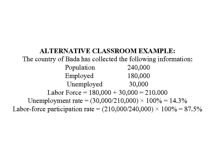 ALTERNATIVE CLASSROOM EXAMPLE: The country of Bada has collected the following information: Population 240,