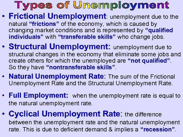  • Frictional Unemployment: unemployment due to the natural “frictions” of the economy, which