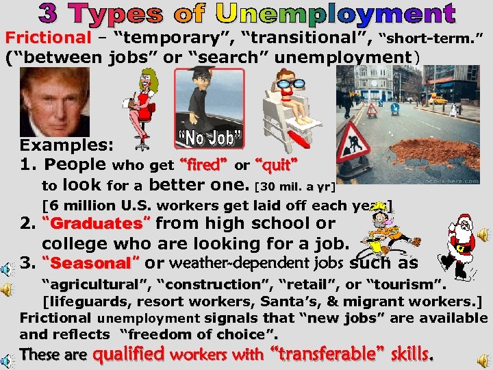 Frictional – “temporary”, “transitional”, “short-term. ” (“between jobs” or “search” unemployment) Examples: 1. People