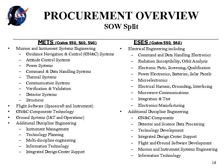 PROCUREMENT OVERVIEW SOW Split METS (Codes 550, 580, 590) • • • Mission and