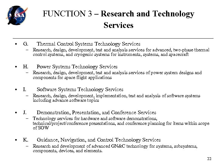 FUNCTION 3 – Research and Technology Services • G. Thermal Control Systems Technology Services