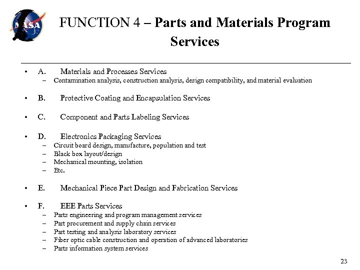 FUNCTION 4 – Parts and Materials Program Services • A. – Materials and Processes