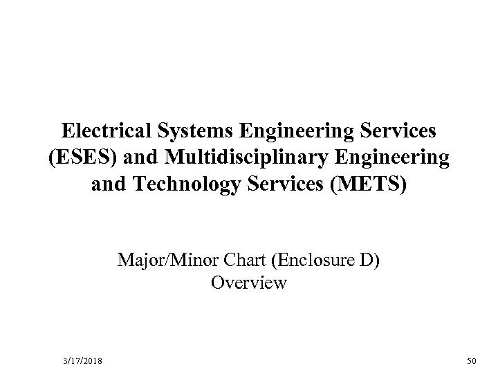 D R Electrical Systems Engineering Services (ESES) and Multidisciplinary Engineering and Technology Services (METS)