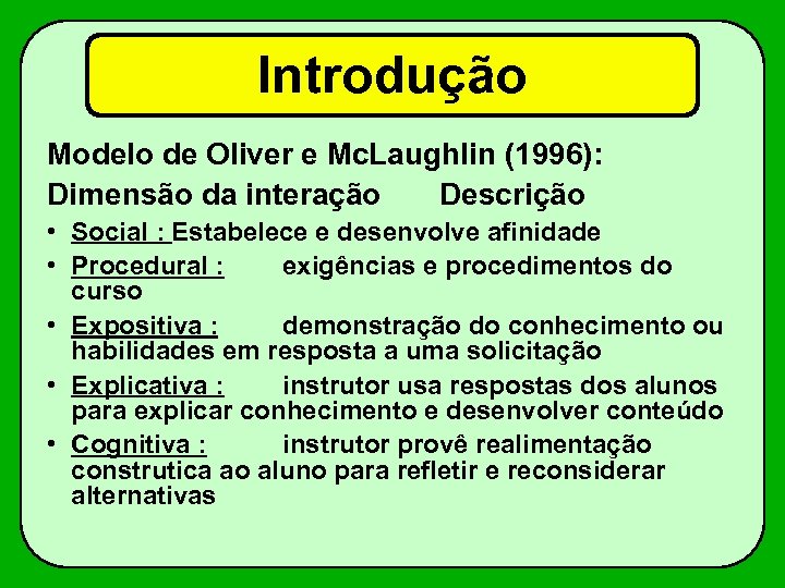 Introdução Modelo de Oliver e Mc. Laughlin (1996): Dimensão da interação Descrição • Social