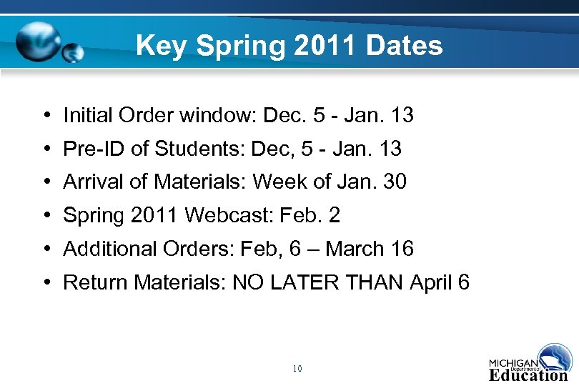 Key Spring 2011 Dates • Initial Order window: Dec. 5 - Jan. 13 •