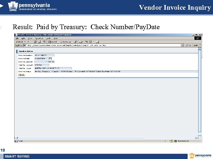Vendor Invoice Inquiry Result: Paid by Treasury: Check Number/Pay. Date 10 