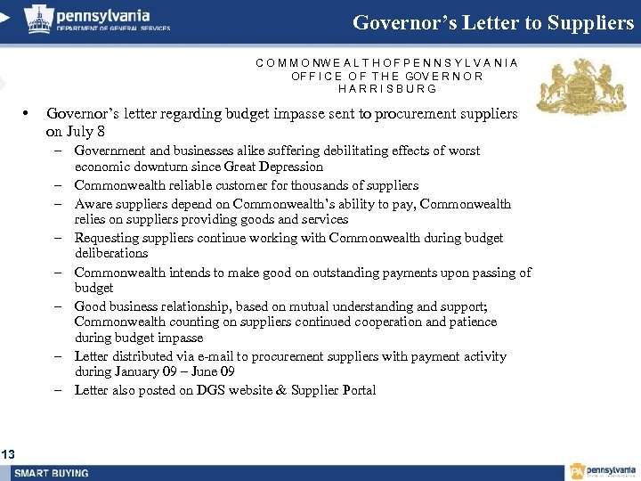 Governor’s Letter to Suppliers C O M M O NW E A L T