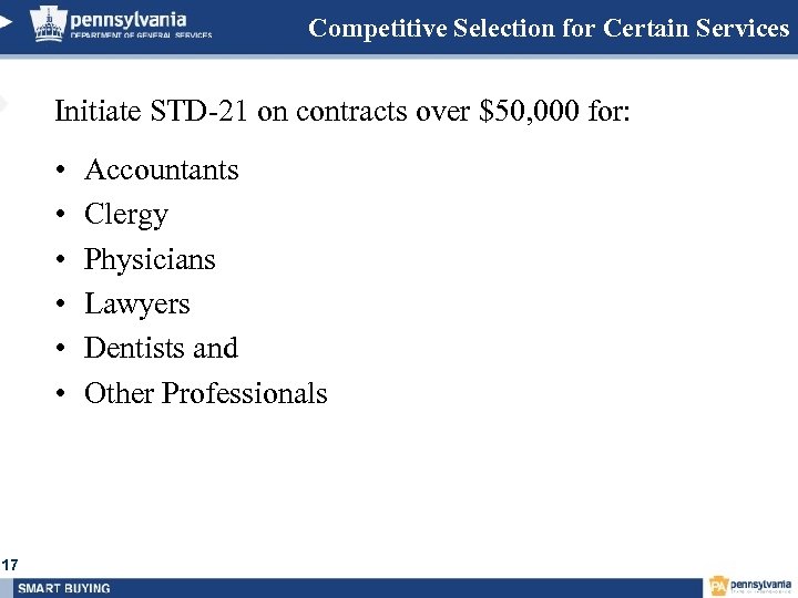 Competitive Selection for Certain Services Initiate STD-21 on contracts over $50, 000 for: •