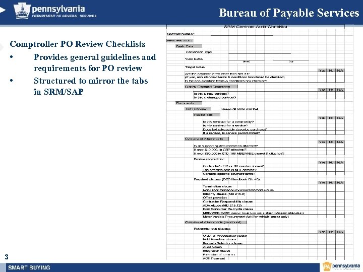 Bureau of Payable Services Comptroller PO Review Checklists • Provides general guidelines and requirements