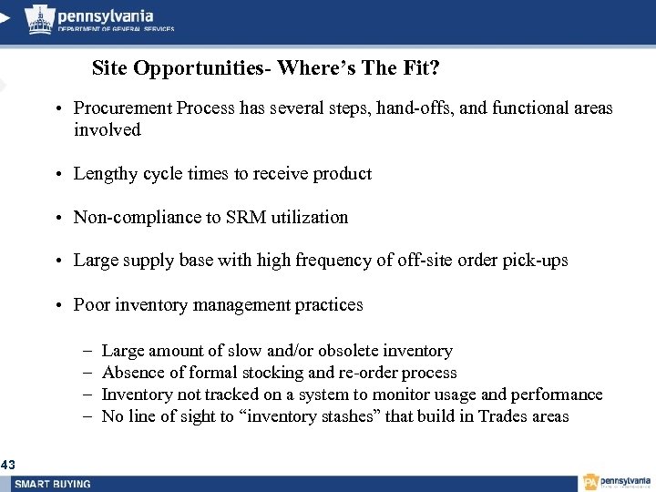 Site Opportunities- Where’s The Fit? • Procurement Process has several steps, hand-offs, and