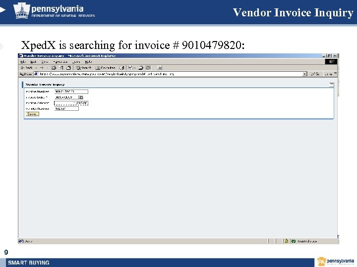 Vendor Invoice Inquiry Xped. X is searching for invoice # 9010479820: 9 