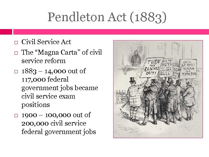 Pendleton Act (1883) Civil Service Act The “Magna Carta” of civil service reform 1883