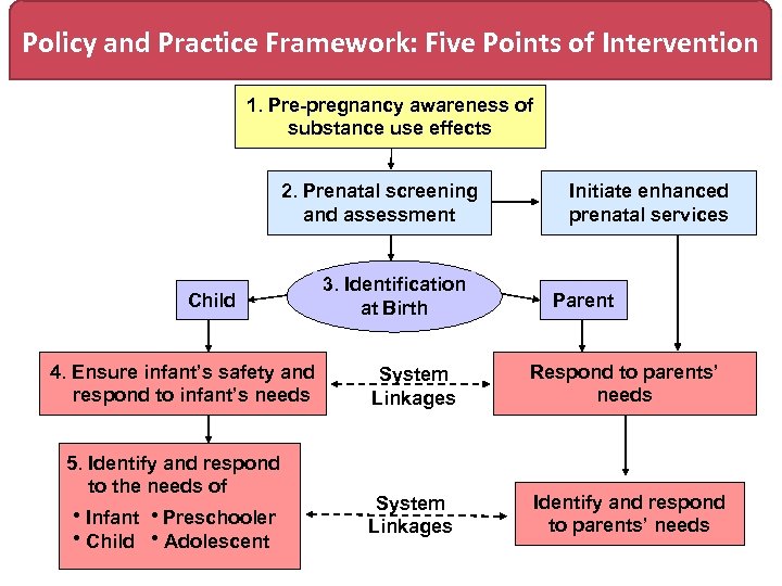 Policy and Practice Framework: Five Points of Intervention 1. Pre-pregnancy awareness of substance use