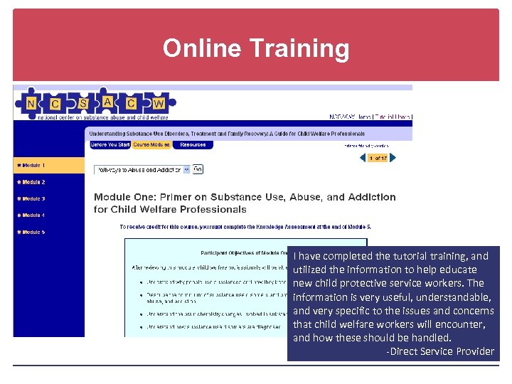 Online Training I have completed the tutorial training, and utilized the information to help