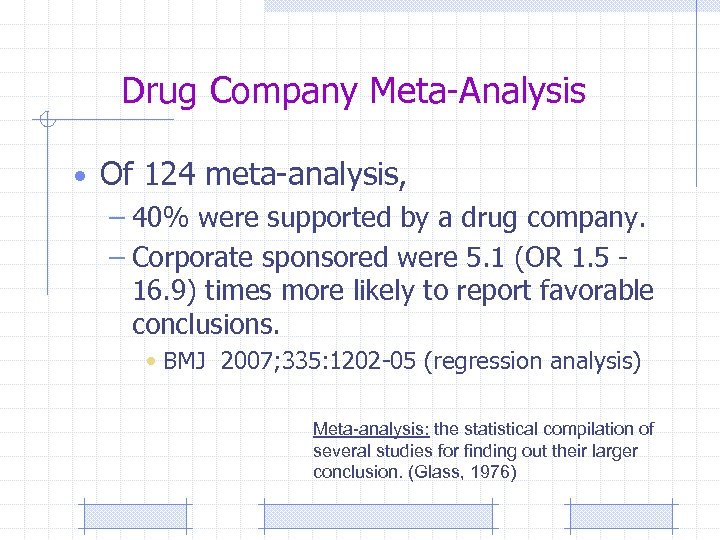Drug Company Meta-Analysis • Of 124 meta-analysis, – 40% were supported by a drug