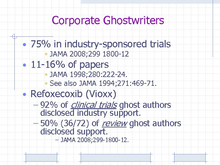 Corporate Ghostwriters • 75% in industry-sponsored trials • JAMA 2008; 299 1800 -12 •