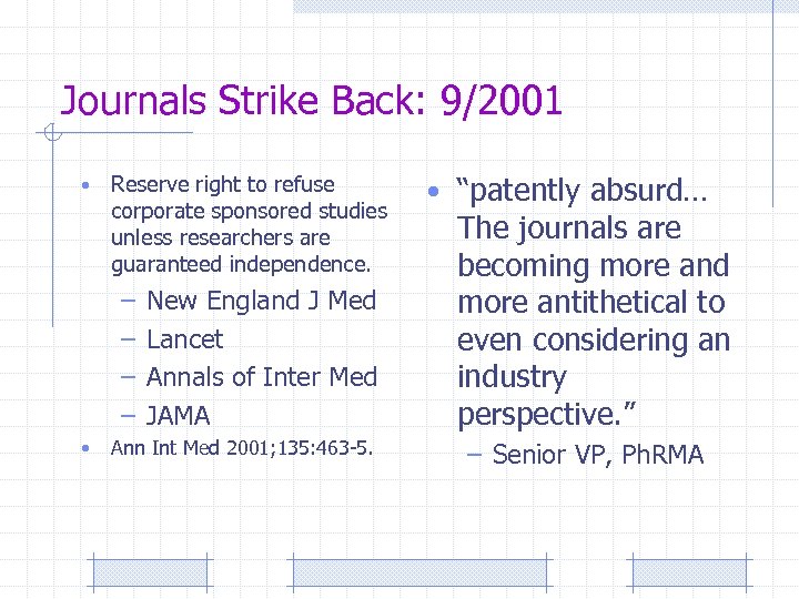 Journals Strike Back: 9/2001 • Reserve right to refuse corporate sponsored studies unless researchers