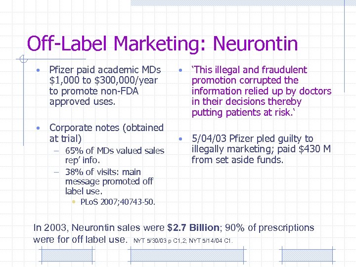 Off-Label Marketing: Neurontin • Pfizer paid academic MDs $1, 000 to $300, 000/year to