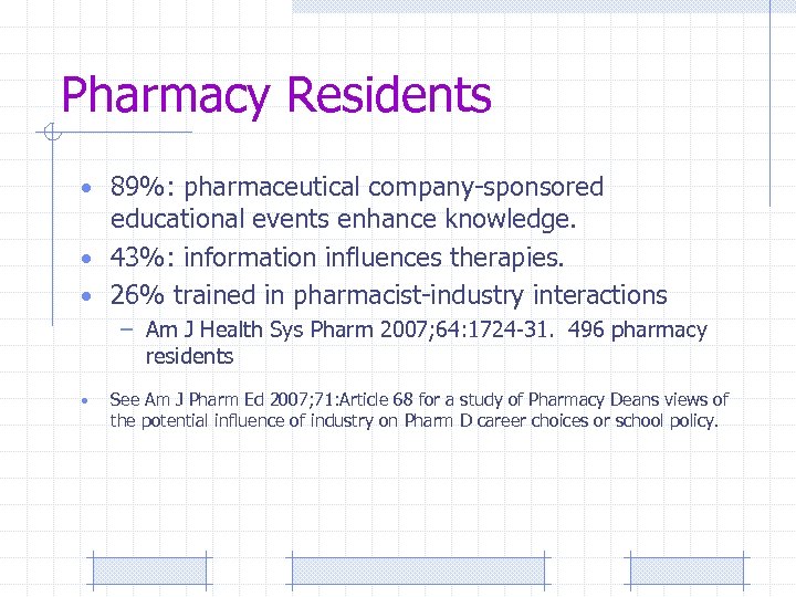 Pharmacy Residents • 89%: pharmaceutical company-sponsored educational events enhance knowledge. • 43%: information influences