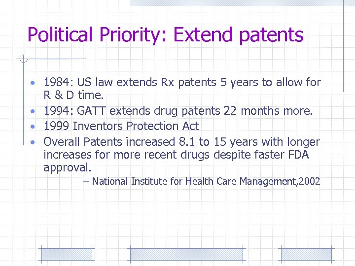 Political Priority: Extend patents • 1984: US law extends Rx patents 5 years to