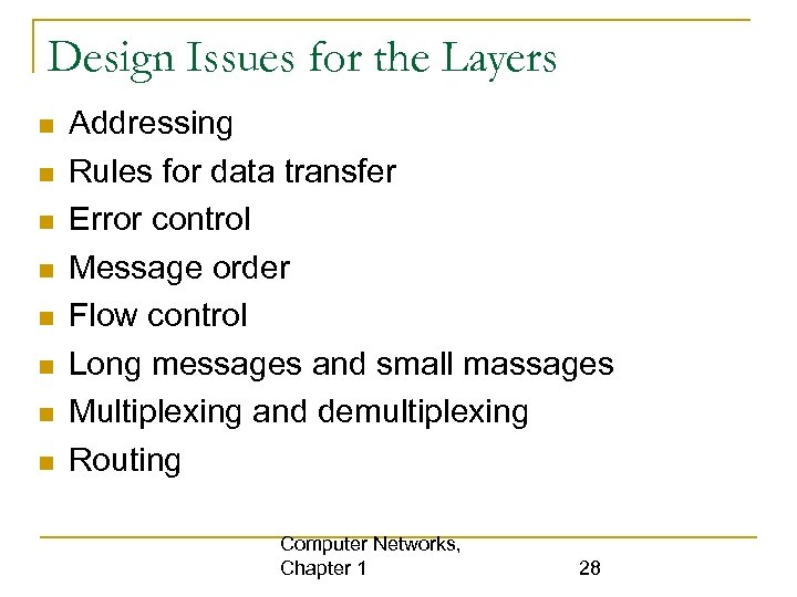 Design Issues for the Layers Addressing Rules for data transfer Error control Message order