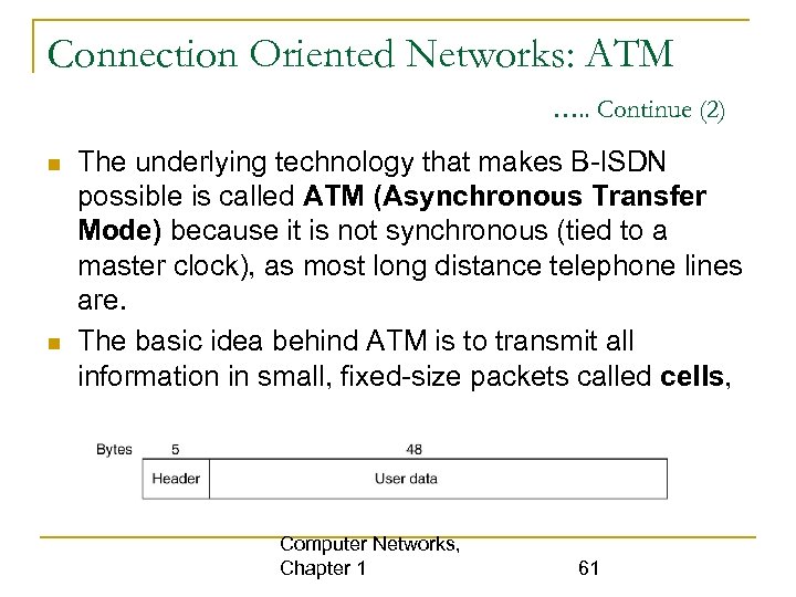 Connection Oriented Networks: ATM …. . Continue (2) The underlying technology that makes B-ISDN