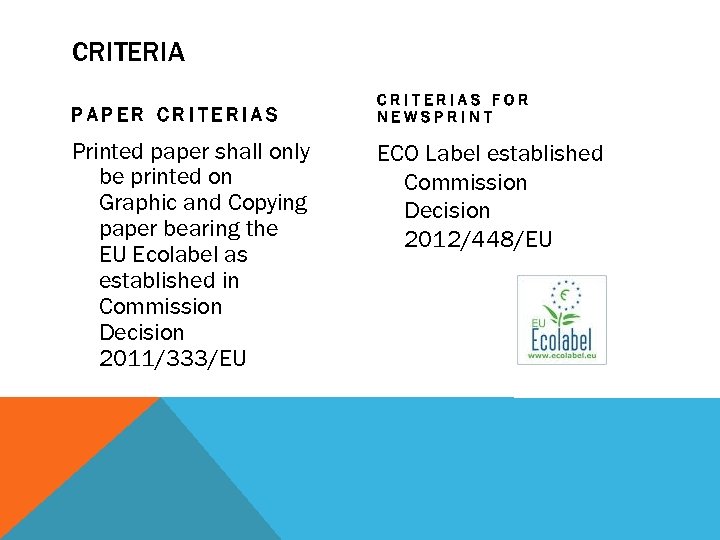 CRITERIA PAPER CRITERIAS Printed paper shall only be printed on Graphic and Copying paper