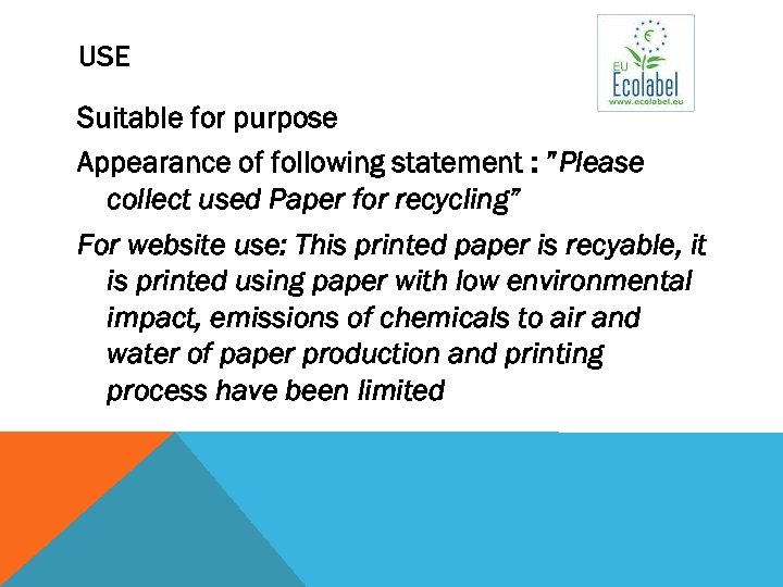 USE Suitable for purpose Appearance of following statement : ”Please collect used Paper for