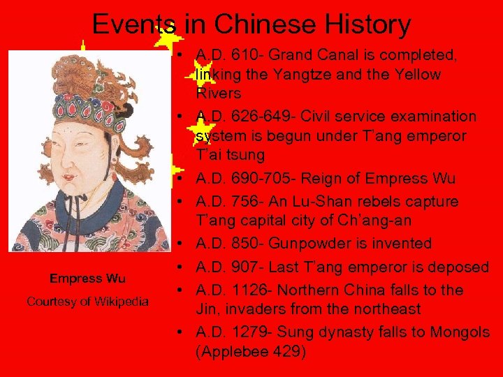 Events in Chinese History Empress Wu Courtesy of Wikipedia • A. D. 610 -