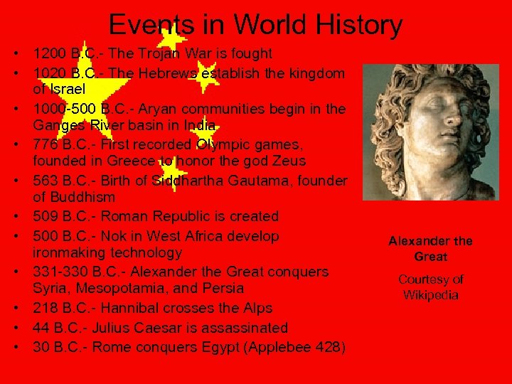 Events in World History • 1200 B. C. - The Trojan War is fought