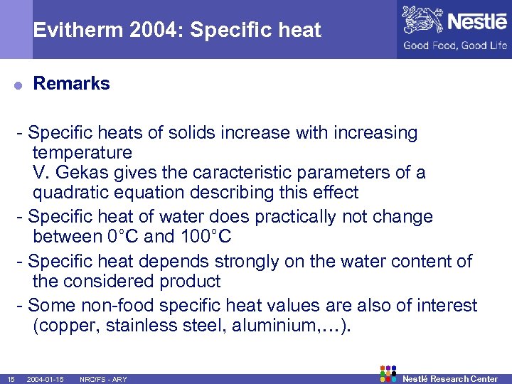 Evitherm 2004: Specific heat = Remarks - Specific heats of solids increase with increasing