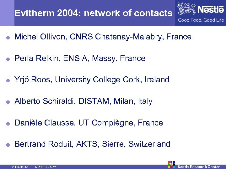 Evitherm 2004: network of contacts = Michel Ollivon, CNRS Chatenay-Malabry, France = Perla Relkin,