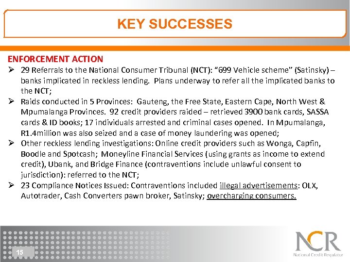 KEY SUCCESSES KEY & CHALLENGES 2014/15 ENFORCEMENT ACTION Ø 29 Referrals to the National