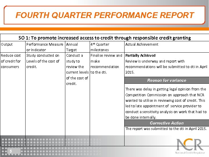 FOURTH QUARTER PERFORMANCE REPORT SO 1: To promote increased access to credit through responsible